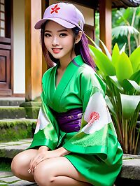 Petite Vietnamese girl in Kimono wears purple pants around her waist in Ubud