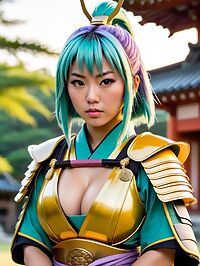 A tanned Asian woman 29 in yellow armor sword in hand poses sensually under sunset in park
