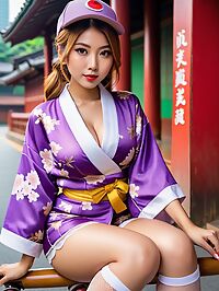 A petite fair skinned Nepalese girl in a purple kimono and fishnets poses sexily