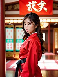 A young Vietnamese woman in red karate robes stands smiling at the casino bar