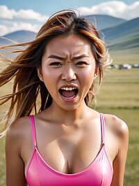 A 22 year old Nepalese woman wears a pink swimsuit in the hot Mongolian sun
